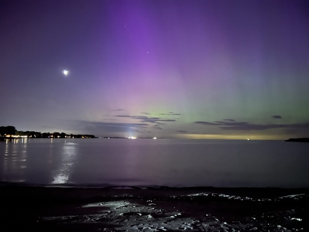 Northern lights over Lake Erie taken at the Huron Harbor Light, Huron, Ohio